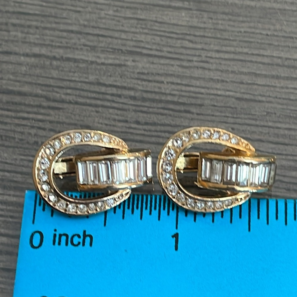 Vintage CHRISTIAN DIOR Door Knocker Clip On Earrings Gold Rhinestone Signed 70’s - Picture 16 of 17